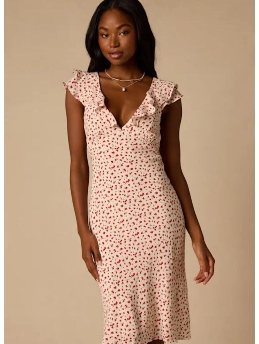 Lulus Primrose Cream Ditsy Floral Ruffled Midi Dress Red Roses NWT S